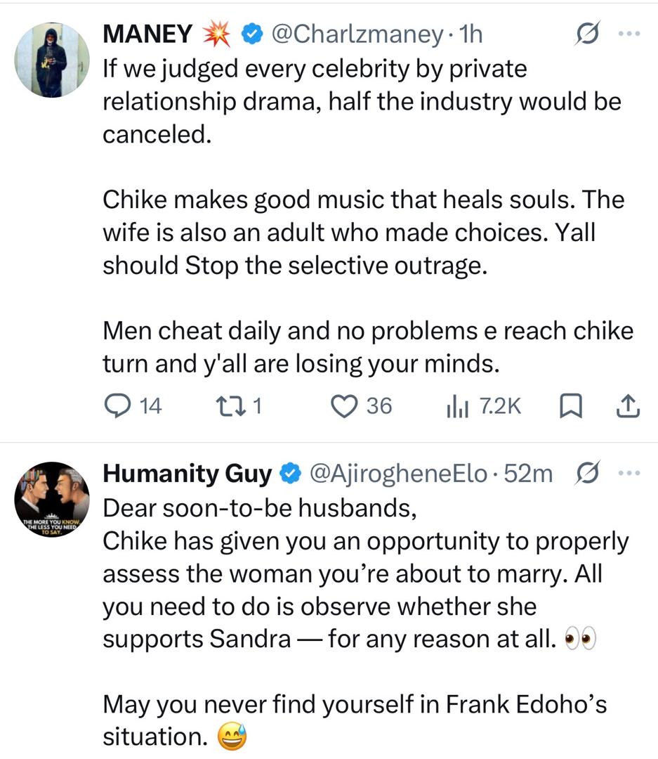 Netizens react as singer Chike asks people to pity him amidst his alleged involvement in the Frank Edoho marriage palava